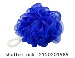 Small photo of Blue mesh pouf bath sponge washcloth single object isolated on white background closeup photo. Soft synthetic shower wash cloth.Washing hygiene clipart design element. Spa body care accessory product.