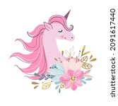 cute unicorn head with flowers... | Shutterstock .eps vector #2091617440