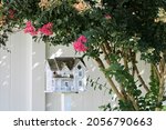 Small photo of A fancy, wooden colonial birdhouse on a stake in a suburban backyard. The bird house is white with unpainted cedar shingles for a roof. It is under a blooming Crape Myrtle bush. Three has pink flowers