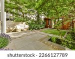 Small photo of a backyard with trees, plants and patio furniture in the fore - image is from real estate agent's facebook page