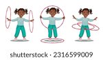 Cute african american girl showing different movements with hola hoop ring.  Set of elements for brochure, invitation og advertising for sports day. Vector illustration isolated on white background.