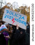 Small photo of Warsaw, Poland, 11.22.2020 women protest in parliament against the tightening of the abortion law, also policewomen among the protesters, the text on the banner - the police are a woman