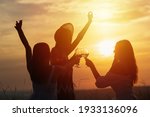 Silhouettes of three happy young girls with hands up sitting and drinking wine on beautiful sunset.	
