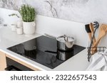 potted plant, kitchenware and contemporary glass ceramic cooker integrated in kitchen with stylish interior, household appliances concept