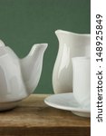 white ceramic coffee set on old ... | Shutterstock . vector #148925849