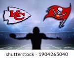 Small photo of TAMPA BAY, USA, JANUARY, 25. 2021: Super Bowl LV, the 55th Super Bowl 2020, Kansas City Chiefs vs. Tampa Bay Buccaneers. American football match, silhouette of players. NFL Final