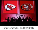 Small photo of LAS VEGAS, NEVADA, USA, JANUARY 29, 2024: Silhouette of Fans supporting teams at Super Bowl LVIII, the 58th Super Bowl, Kansas City Chiefs vs. The San Francisco 49ers at Allegiant Stadium. NFL finals