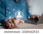 Small photo of Businessman pressing icon on employment network, Human resources, HR management, recruitment, HR Group, Customer Care, Employee Care, Recruitment Agency, employment concept.