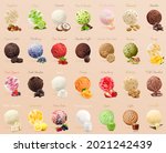 Set of ice creams with different flavors. Ice cream menu with scoops. Hazelnut, lime, coconut, mint chocolate, marshmallow, almond,  cream, blueberry, red currant, truffle, chip cookie, pistachio, man
