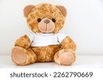 Warm cuddly brown teddy bear wearing white t-shirt sitting down, white background