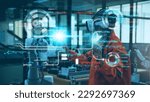 Small photo of Engineering female wearing VR glasses for simulate control automation robotic welding machines in modern factory lab. Concept of innovation artificial intelligence for industrial revolution.