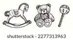 Retro toy collection. Rocking horse, side view, Teddy bear, Beanbag. Ink black and white doodle drawing in woodcut style