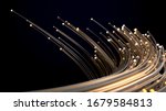 Small photo of smoothly flowing particles swarm with glowing golden trails. warm and cold colors. Suitable for any technology, fantasy, abstract and energy themes. 3d illustration.