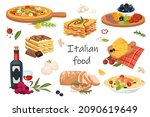 Italian food elements isolated set. Bundle of traditional dishes - pizza, lasagna, spaghetti, olive, pasta, parmesan cheese, wine, sweet desserts and other. Vector illustration in flat cartoon design
