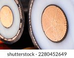 Close-up of high voltage copper cable cross-section, Industrial concept background