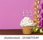 Small photo of Birthday Cake With Candle Number 133 - On Pink Background.