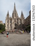 Small photo of BARCELONA, SPAIN - AUG 5: The Cathedral of Holy Cross and Saint Eulalia on August 5 2013 in Barcelona, Spain. Construction commenced on May 1, 1298 during mandate of Bishop Pelegra and King James II