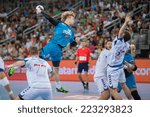 Small photo of ZAGREB, CROATIA - OCTOBER 11, 2014: EHF Men's Champions League, match between HC Zagreb and HC Metalurg. Pavel ATMAN (19) shoots at goal.