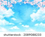 Vector illustration of blue sky and cherry blossoms (watercolor)