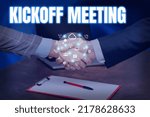 Small photo of Conceptual caption Kickoff Meeting. Business concept Special discussion on the legalities involved in the project Hands Shaking Signing Contract Unlocking New Futuristic Technologies.
