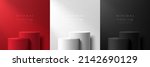 Set of abstract 3D room with white, dark red and black realistic steps cylinder pedestal podium. Vector rendering geometric forms design. Minimal scene. shadow. Stage showcase, Mockup product display.