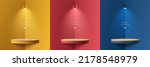Set of yellow, dark blue, red realistic 3d floating cylinder podium in corner rooms with hanging neon lamps. Stage showcase, Product display. Vector rendering geometric forms. Abstract minimal scene. 
