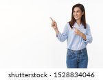 Small photo of Business, feminism, confidence concept. Motivated good-looking stylish female entrepreneur introduce chart, pointing sideways left copyspace, turn aside smiling pleased, show promo, white background