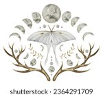 Mystical luna Moth with Moon phases. Watercolor illustration of a night butterfly with white wings. Hand drawn clipart set on isolated background. Drawing of celestial magical composition for prints.