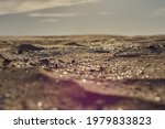 yellow sand shining in the sun, grey sky, landscape. High quality photo