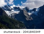 Panorama of a colored mountain landscape in South Tyrol, Italy with the snow covered mountains. High quality photo