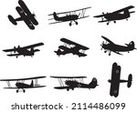 Vector set of silhouettes of small planes. Shadows of light-engine aircraft of maize growers with Soviet stars.
