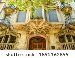 Small photo of The beautiful architectural facade of the modernist house, Casa Comalat by Spanish architect Valeri i Pupurull, Barcelona, Spain