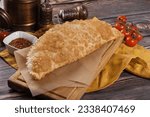 Small photo of Chebureks with meat, fried cheburek. Delicious pasties with meat, pasties empanada. Fried meat pies. Uzbek eastern Tatar cuisine, traditional dish of Turkish