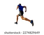 Small photo of athlete runner in blue shirt and black tights running mountain, cut silhouette on white background, sports photo