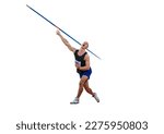 male athlete javelin throwing in decathlon athletics competition on white background, sports photo
