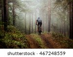 male athlete mountainbiker rides a bicycle along a forest trail. in forest mist, mysterious view