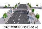 Main road, intersection, pedestrian crossing. A street, street and signs in the city. Overpass, bridge.3d rendering.