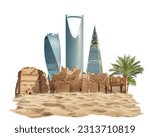 Kingdom of Saudi Arabia skyline with nature. celebrating the national day. abstract design template. old arch and dune sand, 3d illustration. isolated white background.
