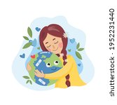 girl hugs planet earth with... | Shutterstock .eps vector #1952231440