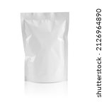 Small photo of Blank white aluminium foil plastic pouch bag sachet packaging mockup isolated on white background
