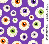 Halloween Eyeballs Pattern. Eyeball Seamless Pattern On Purple Background. Creepy Cute Halloween Design.