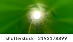 Small photo of Abstract Close up inside view of deep endless round large, long pipe hole with blurry spiral green foreground and white background with copy space. Water slide, hyperspace, pipeline, portal concept.
