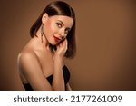Small photo of Studio portrait of bare shoulders stunning woman touching her cheekbone standing profile showing cosmetic night visage