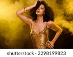 Small photo of Photo of stunning dream chic lady on night club discotheque dancing isolated on dark color background