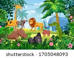 cute set animals in jungle... | Shutterstock .eps vector #1705048093