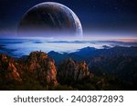 Mysterious alien world filled with mountain ranges and deep canyons, space background for pc, desktop digital wallpaper, fantasy 3d illustration