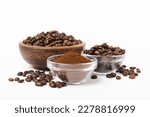 Bowl of ground coffee and beans isolated on a white background.