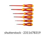Set of red-yellow screwdrivers isolated on white background. Builder's and electrician's tool. Tools. Construction concept.