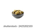 Small photo of Capers in a bowl isolated on a white background. Marinated caper buds, small salted capparis in bowl, fermented food, pickled capers group.Organic spices and seasonings.