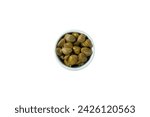Small photo of Capers in a bowl isolated on a white background. Marinated caper buds, small salted capparis in bowl, fermented food, pickled capers group.Organic spices and seasonings.